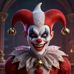 the evil jester smirking, funny hat with bells, lovecraft scene, detailed portrait, 3 d, intricate details, by vincent di fate, artgerm, smooth gradients, octane render, 8 k, volumetric lightning, depth of field, coherent face