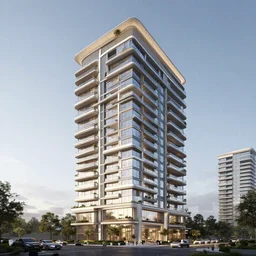 elegant style modernized luxury highrise tower condo building exterior penthouse on top floor downtown los angeles hyper realistic unreal engine octane render