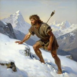 A man during the bronze-age, Ötzi, climbs a snowclad mountain landscape with an arrow stuck in his left shoulder, photorealistic painting by Albert Bierstadt