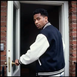 Portrait of a 1990s Philadelphia b-boy looking back while exiting his apartment, hand on the doorknob, photographed for Reuters, Kodak Portra 400, 25mm f/1.8, light diffusion, contrast, film grain, 8k archival print