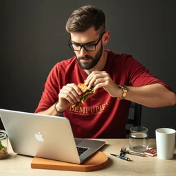 a man with four arms, hardly working on a laptop and preparing a sandwich, hyperealistic, high detailed, 8 k