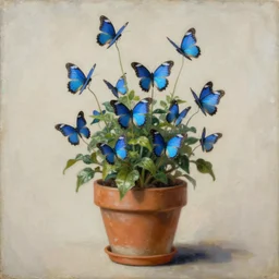 surreal blue butterflyplant, blue butterflies growing!!! from the plant, in the vintage pot, matte painting, highly detailed, masterpiece, oil on canvas, rutkowsky, wlop, artgerm, levitan, botanical