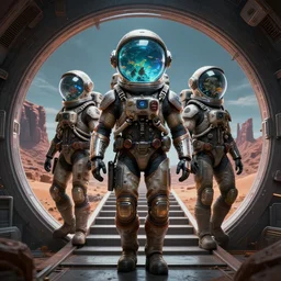 symmetric digital portrait biopunk marines space pirate, fish tank head astronauts walk on the stairs of the circular space, monument valley, e highly intricate details, 8 k, hdr, octane render