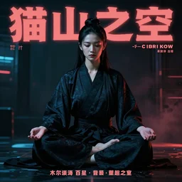 poster of a beautiful meditating samurai in the style of cyberpunk noir