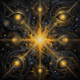 fire and ice astral technology oil painting of abstract surrealist forms by yvonne mcgillivray by mandy jurgens by michael divine, powerful eyes glowing highly detailed painting, spiritual abstract forms, symmetrical, trending on art station, abstract emotional, very beautiful, fantasy digital art, highly detailed patterned visionary art, magic symbols, by michael divine, cosmic nebula, black gold color scheme
