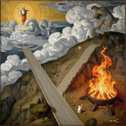 one ( narrow )!! road goes to a stairway to the heavens!!, and another ( wide road )! is interrupted by a giant! ( fire pit )!!!. aerial view, christian art, masterpiece. in a combination of livina fontana and paul gustav fischer.