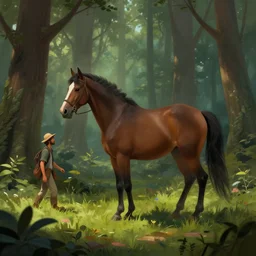 a man walking through a forest with a horse, a detailed matte painting by jordan grimmer, cgsociety, fantasy art, matte painting, 2 d game art, volumetric lighting