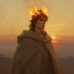 oil painting of a handsome young man with dark hair, wearing a crown of fire!! at sunset, and a long cloak, hazy, digital art, chiaroscuro, artstation, cinematic, golden hour, digital art painting by greg rutkowski, william - adolphe bouguereau, hazy atmosphere, cinematic lighting