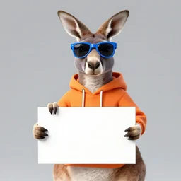 a portrait photo of a kangaroo wearing an orange hoodie and blue sunglasses holding a sign on the chest that says welcome friends, subject : kangaroo, subject detail : wearing orange hoodie, wearing blue sunglasses
