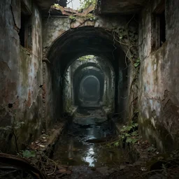 inside the old sewers in the ruined part of the city. fantasy art, cracks in the walls, stagnant water, vines, ruins, abandoned spaces, danger, dungeon.