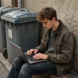 a bum using laptop near trashcans, concept art, trending on artstation, highly detailed, intricate, sharp focus, digital art, 8 k