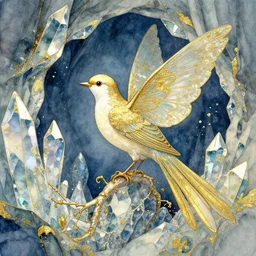 faerie bird in a crystal cave. this watercolor and gold leaf work by the award - winning mangaka has a beautiful composition and intricate details.