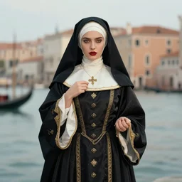 beautiful female character inspired by venice carnival and nun | | artwork made by greg rutswork and lois van barlee, symmetrical, anatomically correct