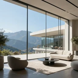 looked at big window, architectural, mountains in background, sunny day time, clear sky, futuristic, furnitures, ultra realistic, ultra detailed, cinematic light, anamorphic