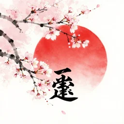Sakura in blossom and red sun, symbol of Japan on white background, Contains hieroglyphs - zen, freedom, nature, happiness, Traditional Japanese ink painting sumi-e