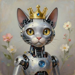 portrait of mechanical cat, robot cat wearing a crown, flowers, painting by artgerm and by greg rutkowski