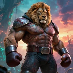 high detail cinematic portrait epic pose mutant powerlifter boxer muscular oversized lion wearing dirty bloody hoodie , intricate, elegant, highly detailed, studio backlight , colorful digital painting, artstation, cyan mystic forest , sunset , dramatic clouds, concept art, smooth, sharp focus, illustration
