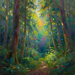 oil painting of a lush, iridescent forest with god rays in rainbow color, wide angle