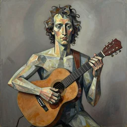 a cubism portrait of willie nelson hugging his guitar, in the style of archipenko, alexande, muted colors