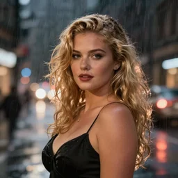 beautiful blonde curvy woman looking seductively at pov, raining, night time, city lighting, romantic