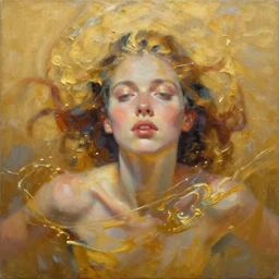 abstract oil matte portrait painting woman infused and swimming in a golden liquid detailed faces, visible brushstrokes, trending on artstation