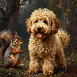 goldendoodle worships squirrel goddes, oil painting, Tooth Wu, Greg Rutkowski, RPG portrait, dynamic lighting, fantasy art, High contrast, depth of field