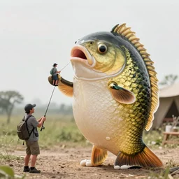 an oversized anthropomorphic human - sized fish is holding a tiny man with its fins. man was just caught during fishing. outdoors photo, animal photography, casual
