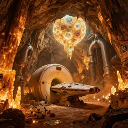 gigantic cave interior with glowing stalagtites and stalagmites  biochemical glowing  bulbous planetarium interior, dungeons and dragons, mines, high fantasy, warm saturated colors.  There is a mri machine millennium falcon space-station Vuutun Palaa with massive piping inspired by a nuclear reactor submarine, ilm, beeple, star citizen halo, mass effect, starship troopers, elysium