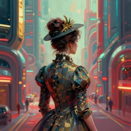 portrait of a victorian lady in a futuristic city, from behind, streets, red and gold and blue and green, highly detailed, digital painting