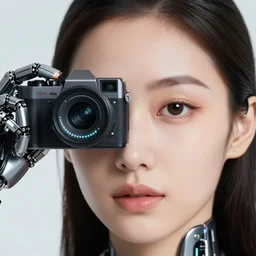 photo of young woman, close up, with a cyberpunk camera over right eye with led lights, robotic implants over face, small led lights, white background, fine art photography in the style of Bill Henson