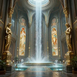 interior of a massive scifi high tech religious room with waterfalls and art deco statues, intricate digital painting artstation concept art smooth sharp focus illustration, art by artgerm and paul chadeisson and greg rutkowski and alphonse mucha, octane, 3 d render
