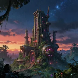 building by frederic edwin church, tron cosmic steampunk at summer at dawn cyberpunk studio ghibli lightpaint nightsky nightvision poppy hyperrealism neon signs tokyo darkacademia rainforest, archdaily, wallpaper, highly detailed, trending on artstation.