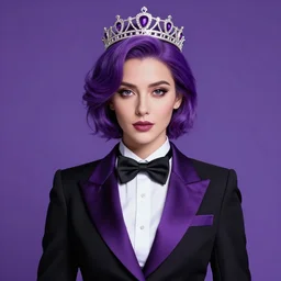 an elegant woman wearing a crown and a bow tie, purple hair, black and purple suit, purple background, very beautiful, artstation, high quality, sharp, by greg rutkowski, by artgerm, by alphonse mucha