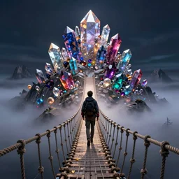 android crossing a rickety rope bridge looking up at a mountain of crystal and gemstone, foggy at night, digital art, artstation, dramatic lighting, forced perspective, vibrant and stylized