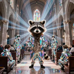 raccoon in holographic chrome suits inside church - complex composition. anaglyph materials. rays and dispersion of light. volumetric light. wide angle, f / 3 2. noise film photo. flash photography. ultra realistic, poster by wayne barlowe, mike winkelmann, wayne barlowe, craig mullins