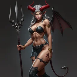 a female muscular devil with horns, wearing leather bikini, holding trident, 8 k, high detail, fantasy art, dnd, artstation,