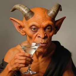 a closeup portrait of an orange - horned goblin holding a martini, drinking a martini, martini glass, by jan van eyck
