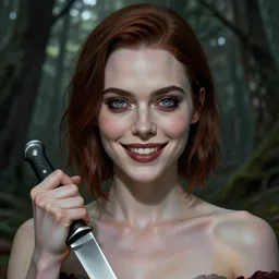 gorgeous female Samara Weaving, horror movie slasher, slasher movie, holding knife, realistic character concept, creepy evil smile, shorter neck, illustration, symmetrical face and body, realistic eyes, artstation, cinematic lighting, hyperdetailed, detailed realistic symmetrical eyes, face by artgerm, symmetrical nose, cgsociety, trees, forest, 8k, high resolution, Charlie Bowater, Tom Bagshaw, single face, insanely detailed and intricate, beautiful, elegant, vfx, postprocessing