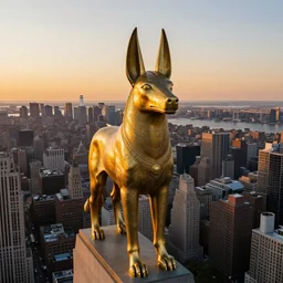 anubis statue placed in new york, sunset, drone footage, sharp focus, professional photo