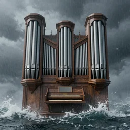 A highly detailed matte painting of a huge pipe organ in a stormy sea in a storm, fog, rain, volumetric lighting, unreal engine 5 hd render, 8K resolution, trending on artstation