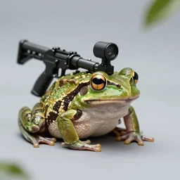 photo of a rare frog equipped with machine gun and target acquisition system