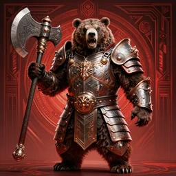 Anthropomorphized Roaring Bear in full armor carrying big Axe, full body, menacing pose, concept art, insanely detailed and intricate, hypermaximalist, elegant, ornate, hyper realistic, super detailed, tribal red atmosphere, Art Deco, cinematic, trending on artstation, magic the gathering artwork