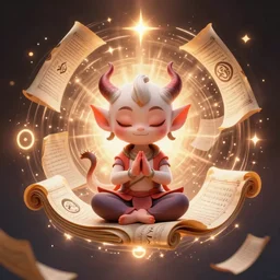 a tiny cute demon floating while meditating and wrapped in sacred scrolls, smooth, intricate, elegant, digital painting, artstation, power runes, pulsing energy, concept art, sharp focus, octane render, illustration, art by shintaro kago, overwatch character,