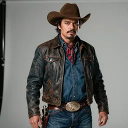 jack black as a deadly cowboy in a cowboy movie ( uhd, 8 k, greatly detailed, cinematic shot, great quality, still frame shot, studio lighting )