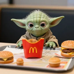 yoda, upset, yoda sitting behind a table inside mcdonald's, small red cardboard box on table, yellow m logo on box, hamburger on tray, 3 5 mm, f / 2. 8
