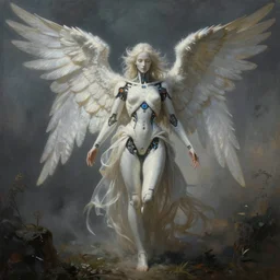 a utopian gothic surrealism painting of an cybernetic angel