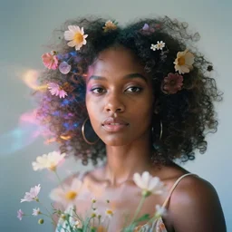double exposure photograph of a black woman and dreamy flowers in volumetric lighting, light leaks