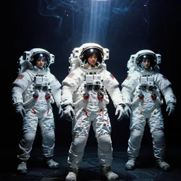 astronauts girls in dark void underwater - complex and hyperdetailed technical suit design. reflection and dispersion materials. rays and dispersion of light. volumetric light. f / 3 2. noise film photo. flash photography. ultra realistic, wide angle. poster by wayne barlowe, hajime sorayama aaron horkey, craig mullins