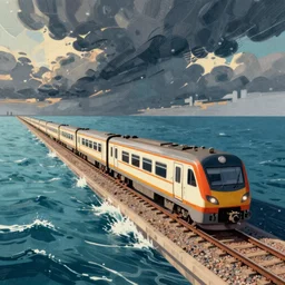 illustration, a train in the sea, dynamic composition, detailed, matte print, dynamic perspective, colorful modern, charlie bowater