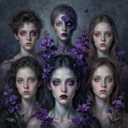 portrait, nightmare anomalies, violet flowers by dariusz zawadzki, kenneth blom, mental alchemy, james jean, pablo amaringo, naudline pierre, contemporary art, hyper detailed